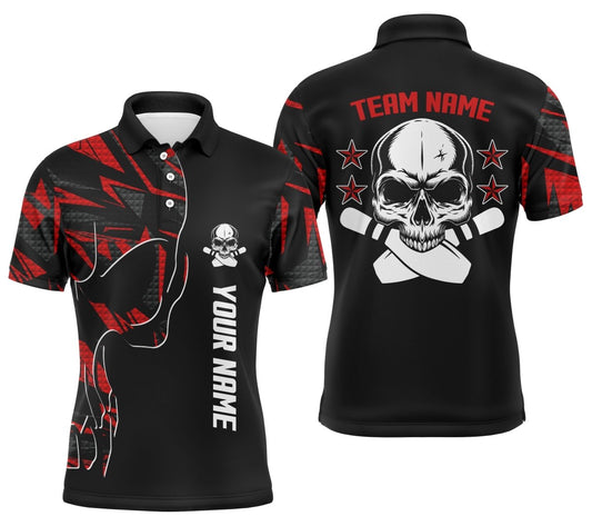 Individuell anpassbare Herren Bowling Polo Shirts mit Namen und Teamnamen, Totenkopf Bowling Team, rote Bowling Shirts (NQS4553) - Outfitsuche