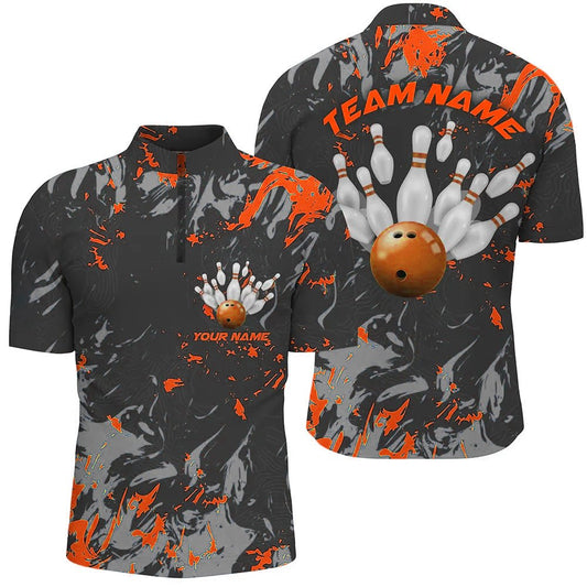 Individuell anpassbare Herren-Quarter-Zip-Shirts für Bowling-Teams in Schwarz und Orange Camouflage, Bowling-Liga-Shirts - Outfitsuche