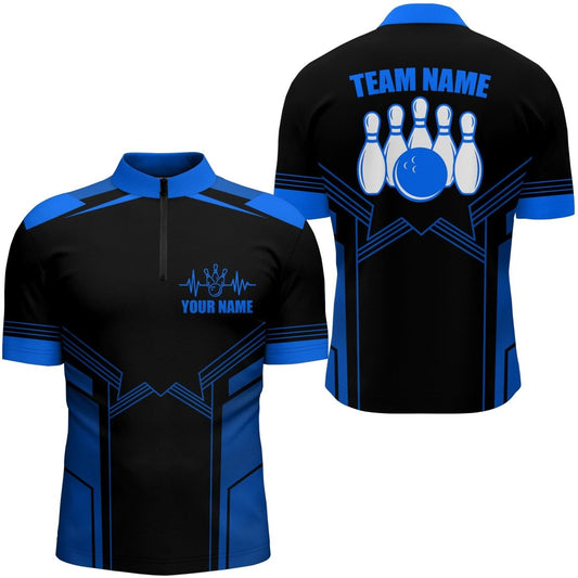 Individuell anpassbares Herren Bowling-Shirt mit 1/4 Zip in Blau, personalisierbarer Name, Bowling-Trikot für Männer, Bowling-Team-Shirt - Outfitsuche