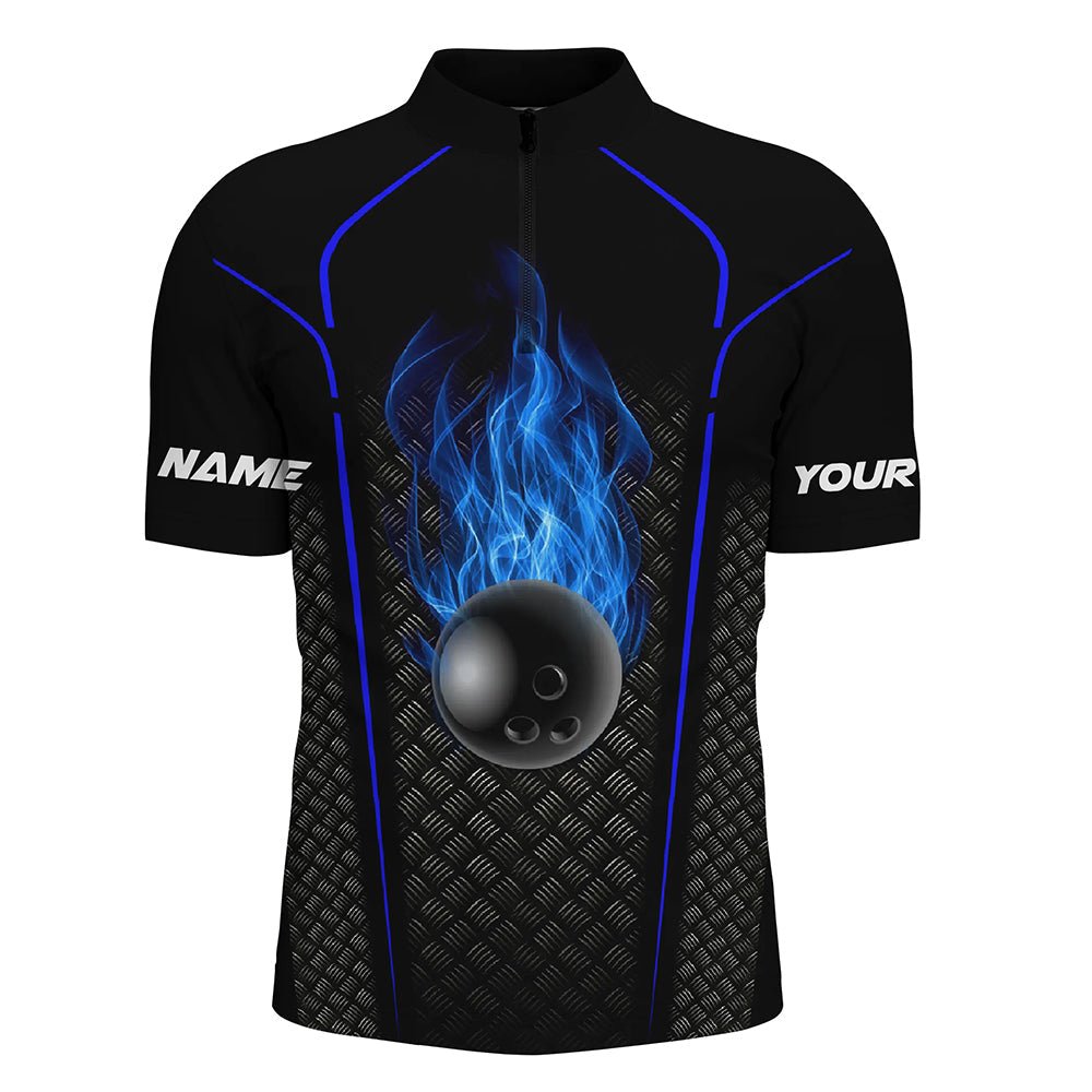 Individuell anpassbares Herren Bowling-Shirt mit 3D Bowling-Team-Motiv, 1/4 Zip Bowling-Trikot für Männer | Schwarz Blau - Outfitsuche