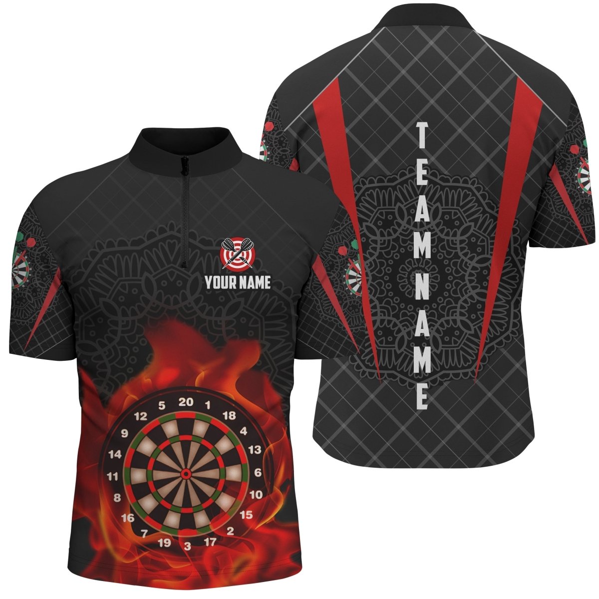 Personalisiertes goldenes Hawaiianisches Tribal Flame Darts 1/4 Zip Shirt, individuell anpassbares Herren Dart Trikot Y732
