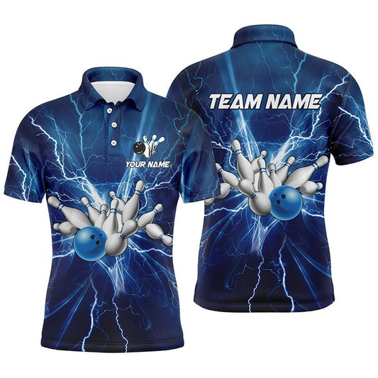 Individuell anpassbares Herren Polo Bowling Shirt mit blauem Blitz und Donner Bowling Team Trikot, Geschenk für das Team der Bowler - Outfitsuche