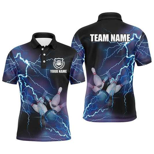 Individuell anpassbares Herren Polo Bowling Shirt mit blauem Blitz und Donner, Bowling Team Trikot Geschenk für Team Bowler - Outfitsuche