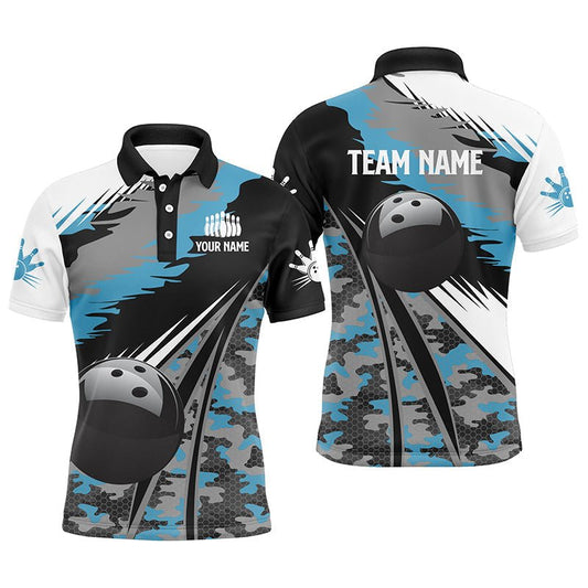 Individuell anpassbares Herren Polo Bowling Shirt mit schwarzem Ball und blauem Camouflage-Muster, Geschenk für Bowler - Outfitsuche