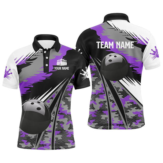 Individuell anpassbares Herren Polo Bowling Shirt mit schwarzem Ball und lila Camouflage-Muster, Geschenk für Bowler - Outfitsuche