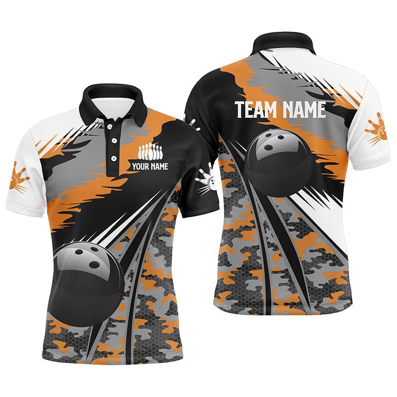 Individuell anpassbares Herren Polo Bowling Shirt mit schwarzem Ball und orangem Camouflage-Muster, Geschenk für Bowler - Outfitsuche