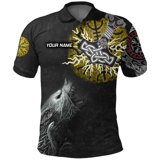 Individuell Dartshirt Wikinger Polo Shirt - Fenrir kämpft mit Mjolnir von Thor auf Helm der Ehrfurcht VK7051 - Outfitsuche