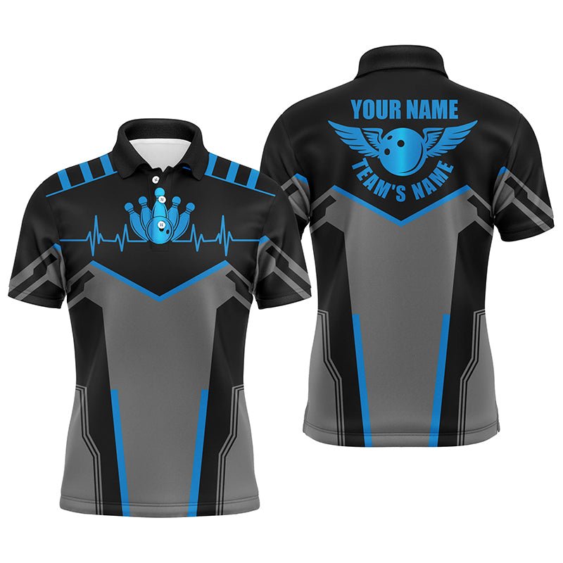 Individuell gestaltete Bowling-Shirts für Herren mit Namen und Teamnamen, blaue Bowlingkugel und Pins, Team-Bowling-Shirts - Outfitsuche