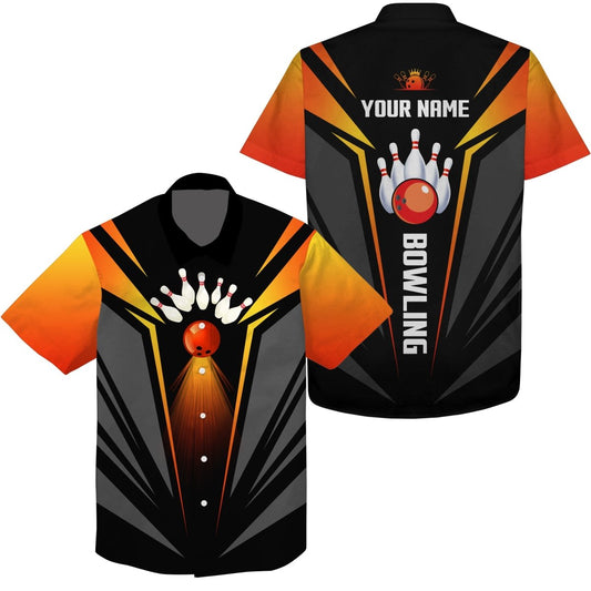 Individuell gestaltete Bowlinghemden mit Bowlingkugel und Pins, Teamshirt in Schwarz und Orange - Outfitsuche