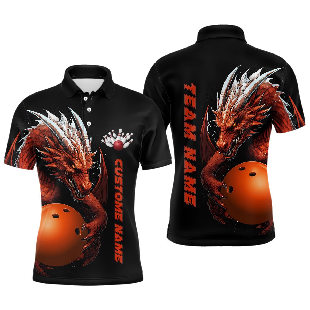 Individuell gestaltete rote Flammen-Bowling-Team-Polo-Shirts, Drachen-Bowling-Shirts für Männer, Bowlingkugel-Trikots - Outfitsuche