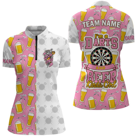 Individuelles Darts-1/4-Zip-Shirt in Pink für Damen - Ich bin eine Darts- und Bierliebhaberin I467 - Outfitsuche