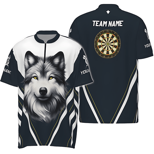 Marineblaues Dart-1/4 zip-Shirt mit Wolfsmotiv, individuell anpassbares Team-Trikot mit Dartboard, Herren Dartshirt vk822 - Outfitsuche