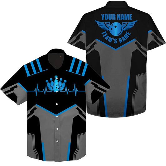 Maßgeschneidertes Bowling-Hawaiihemd mit individuellem Namen und Teamnamen, blaue Bowlingkugel und Pins, Team-Bowlinghemden - Outfitsuche