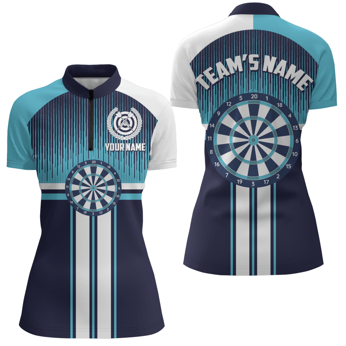 Maßgeschneidertes Dartboard im Sportstil, weiß-blaues 1/4 Zip Shirt für Frauen, Darts Trikot M290 - Outfitsuche