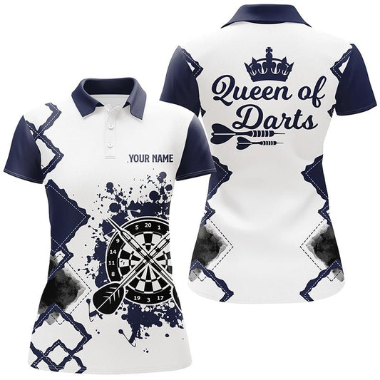 Navy-weißes Darts Polo Shirt für Damen, individuell anpassbares cooles Darts Trikot - Königin der Darts M259 - Outfitsuche