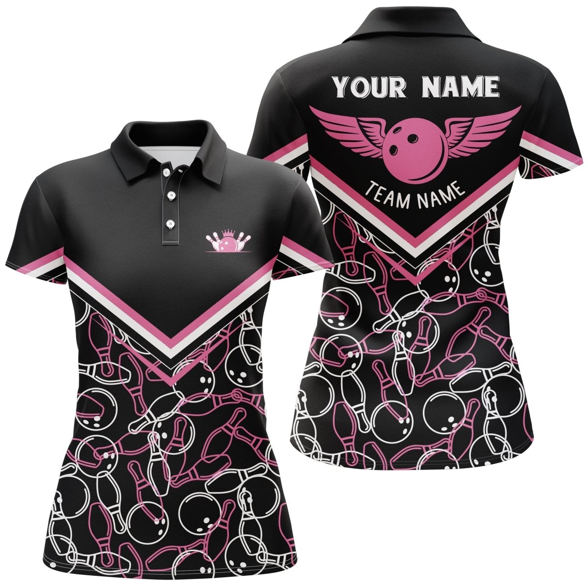 Personalisierte 3D Bowling-Shirts für Frauen, individuell anpassbare schwarze rosa Kurzarm-Polo-Bowling-Shirts für Mädchen - Outfitsuche