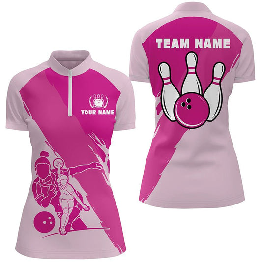 Personalisierte 3D-Bowling-Shirts für Frauen, individuell anpassbares pinkes Kurzarm-Quarter-Zip-Bowling-Shirt für Mädchen - Outfitsuche