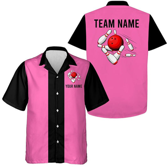 Personalisierte Pink Schwarz Retro Bowling-Hawaiihemden, individuell anpassbare Vintage-Team-Hemden mit Knopfleiste e8923 - Outfitsuche