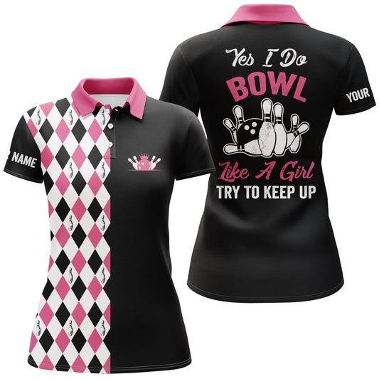 Personalisierte schwarze rosa Bowling-Shirts für Frauen mit individuellem Namen Ja, ich spiele wie ein Mädchen, versuche mitzuhalten - Outfitsuche