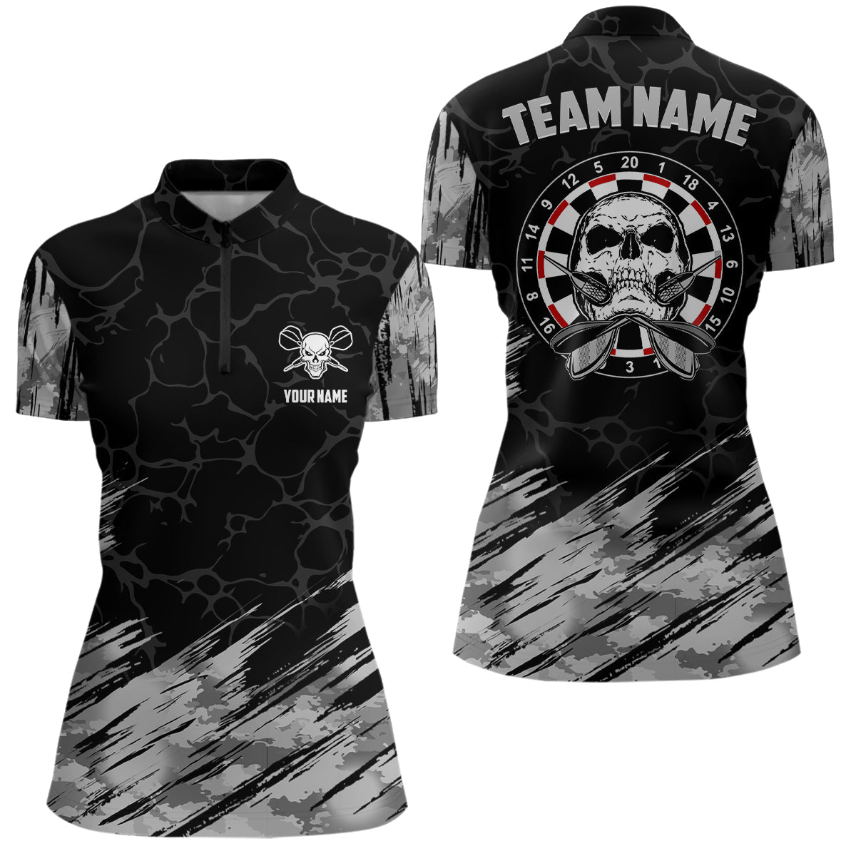 Personalisiertes All Over Print Dart-Shirt mit Totenkopf-Motiv, grau-schwarzes Dart-Trikot für Frauen O933 - Outfitsuche