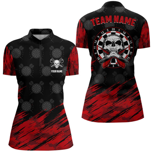 Personalisiertes All Over Print Dart-Shirt mit Totenkopf-Motiv, rote schwarze Dart-Trikots für Frauen S951 - Outfitsuche