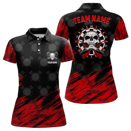 Personalisiertes All Over Print Skull Darts Polo Shirt in Rot und Schwarz, Dart Trikots für Frauen E936 - Outfitsuche