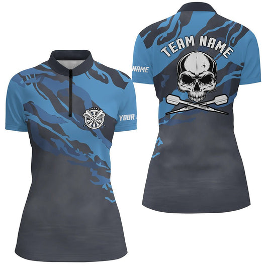 Personalisiertes blaues Totenkopf-Darts-1/4-Zip-Shirt, individuell anpassbares Darts-Shirt für Frauen, Dart-Trikots Z504 - Outfitsuche