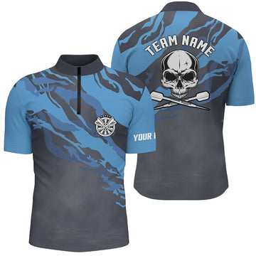 Personalisiertes blaues Totenkopf-Darts-1/4-Zip-Shirt, individuell anpassbares Darts-Shirt für Herren, Dart-Trikots U146 - Outfitsuche