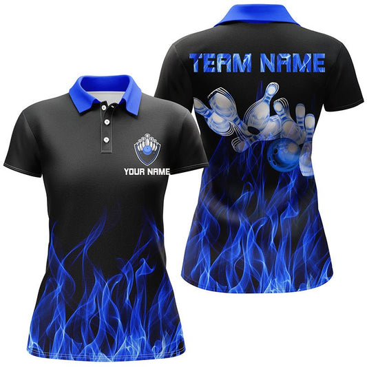 Personalisiertes Damen Bowling Polo Shirt mit blauer Flamme, schwarzes Bowling Trikot, personalisierte Bowling Team Shirts - Outfitsuche