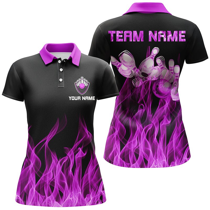 Personalisiertes Damen Bowling Polo Shirt mit lila Flammen, schwarze Bowling Trikots, personalisierte Bowling Team Shirts - Outfitsuche