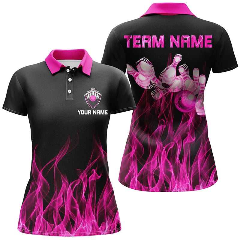 Personalisiertes Damen Bowling Polo Shirt mit schwarzen und pinken Flammen, Bowling Trikots, Personalisierte Bowling Team Shirts - Outfitsuche