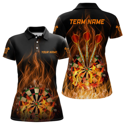 Personalisiertes Damen Dart Polo Shirt mit Feuerflammen Dartboard, individuell anpassbare Dartshirts für Frauen Dart Trikot T215 - Outfitsuche