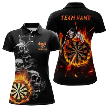 Personalisiertes Damen Dart Polo Shirt mit Totenkopf-Flammen-Motiv, individuell anpassbares Feuer-Darts Shirt für Frauen, Dart Trikot I26 - Outfitsuche