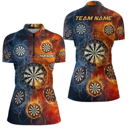 Personalisiertes Damen Dart-Team-Trikot mit Feuer- und Wasser-Darts-Motiv, 1/4 Zip Dart-Shirt - Outfitsuche