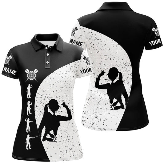 Personalisiertes Damen Darts Polo Shirt in Schwarz-Weißem Grunge-Stil, Darts Trikot für Frauen Y30 - Outfitsuche