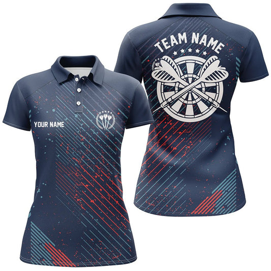 Personalisiertes Damen Darts Polo Shirt mit rotem blauem geometrischem Muster, dunkelblaues Darts Trikot U936 - Outfitsuche