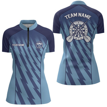 Personalisiertes Damen Darts-Quartal-Zip-Shirt mit blauem Verlauf und Blitzmotiv, Darts-Trikot V42 - Outfitsuche