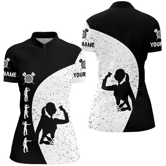 Personalisiertes Damen Darts Quarter-Zip Shirt in Schwarz-Weißem Grunge-Stil, Darts-Trikot für Frauen LDT0339 C557 - Outfitsuche