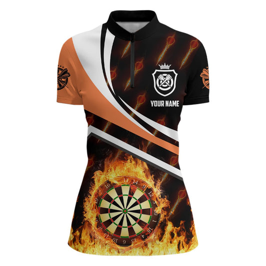 Personalisiertes Damen Darts-Shirt mit orangenem Feuerflammen-Motiv, individuell anpassbares 1/4 Zip Darts-Trikot W989 - Outfitsuche