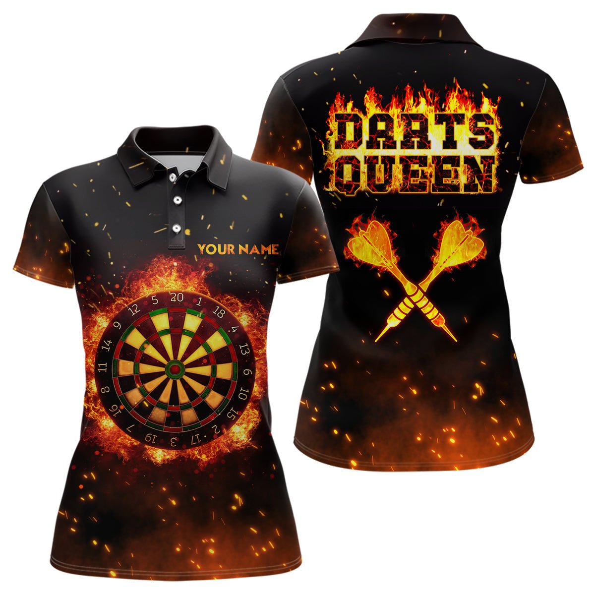 Personalisiertes Damen Polo Shirt mit Flammen Darts Queen Motiv, individuell anpassbares Feuer Darts Trikot | LDT0312 J689 - Outfitsuche