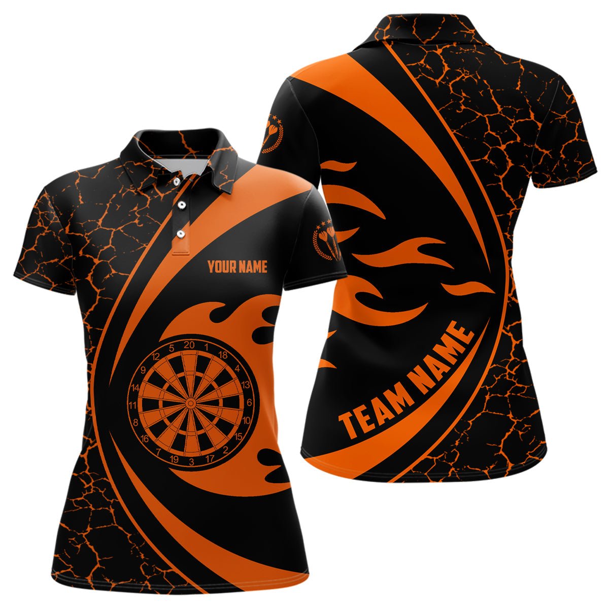 Personalisiertes Damen Polo Shirt mit orangenem Feuerflammen-Darts, Darts Shirt für Frauen, Darts Trikot Q517 - Outfitsuche