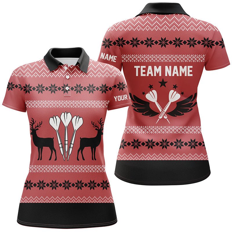 Personalisiertes Damen Polo Shirt mit Weihnachtsrentieren für Darts, individuell anpassbares Darts-Trikot für Frauen in Rot X429 - Outfitsuche