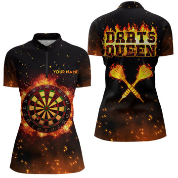 Personalisiertes Damen-Quarter-Zip-Shirt mit Flammen-Darts-Königin-Motiv, individuell anpassbares Feuer-Darts-Trikot mit eigenem Namen B282 - Outfitsuche