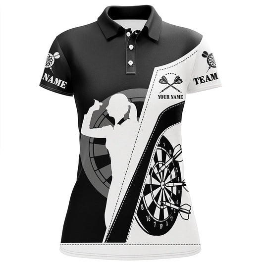 Personalisiertes Dart Polo Shirt für Damen mit schwarz-weißem All-Over-Print, individuell anpassbares Darts Shirt T96 - Outfitsuche