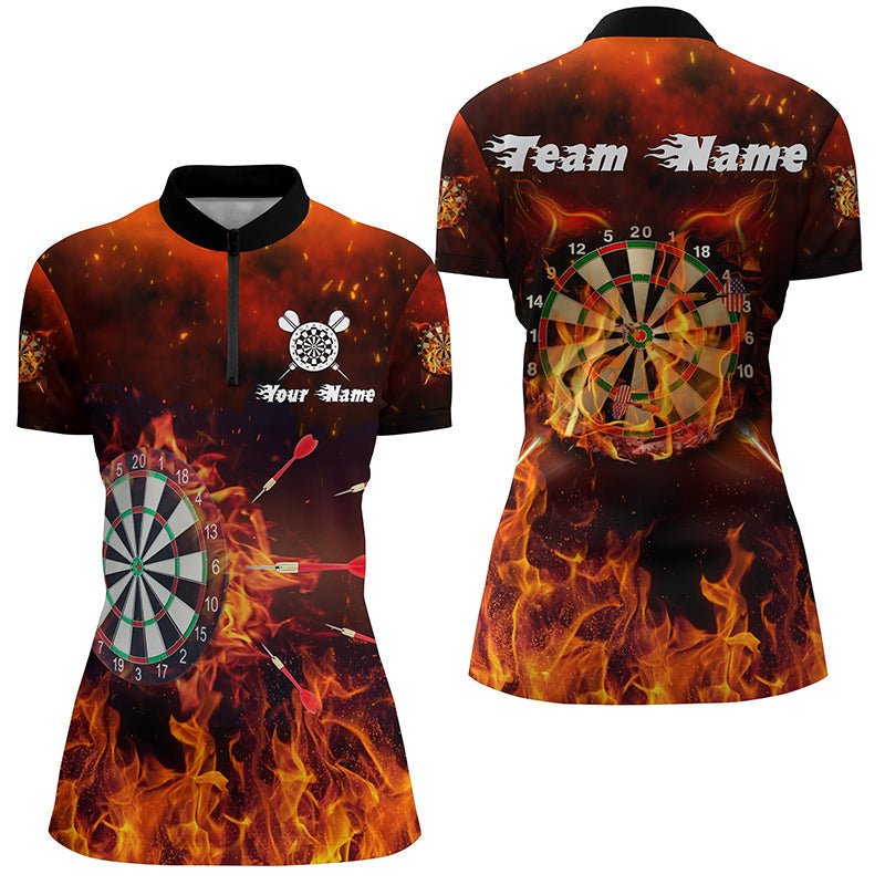 Personalisiertes Darts Damen 1/4 Zip Shirt mit Feuerflammen-Motiv, individuell anpassbares Dart-Trikot Y84 - Outfitsuche