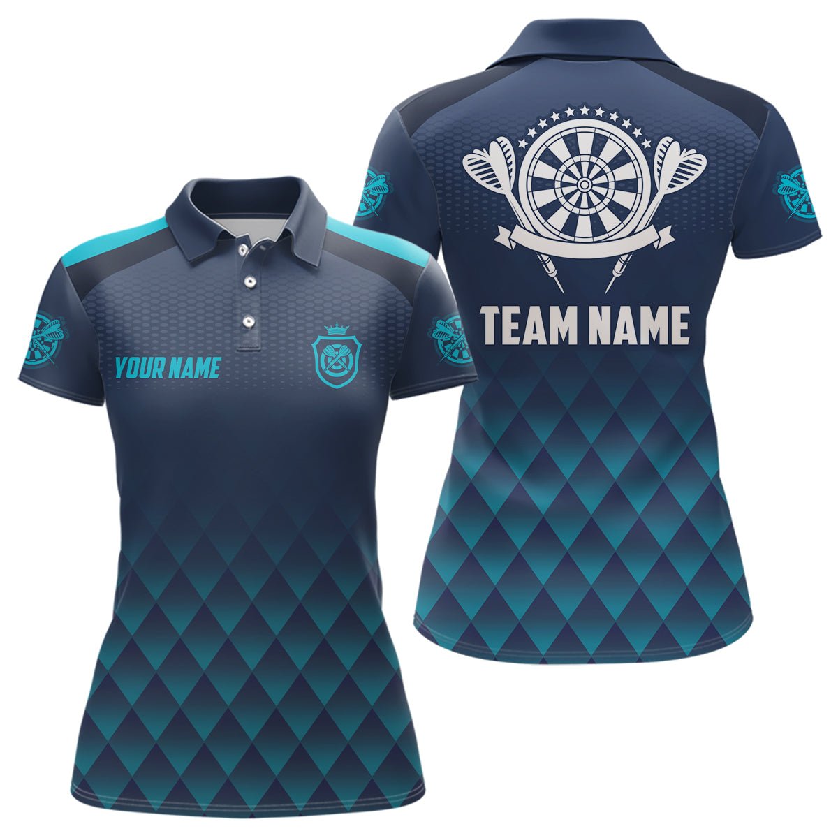 Personalisiertes Darts Polo-Shirt für Damen mit geometrischem Muster in Blau-Navy, Grundausstattung für Darts-Jersey L330 - Outfitsuche