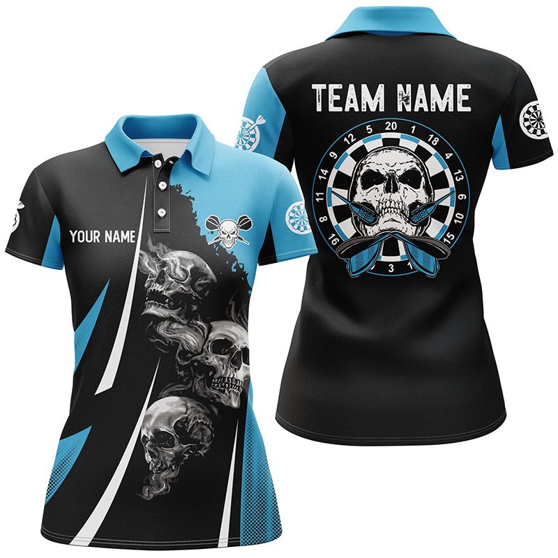 Personalisiertes Darts Polo Shirt für Damen mit Totenkopf-Motiv, schwarz-blau, individuell anpassbares Dart-Trikot H758 - Outfitsuche