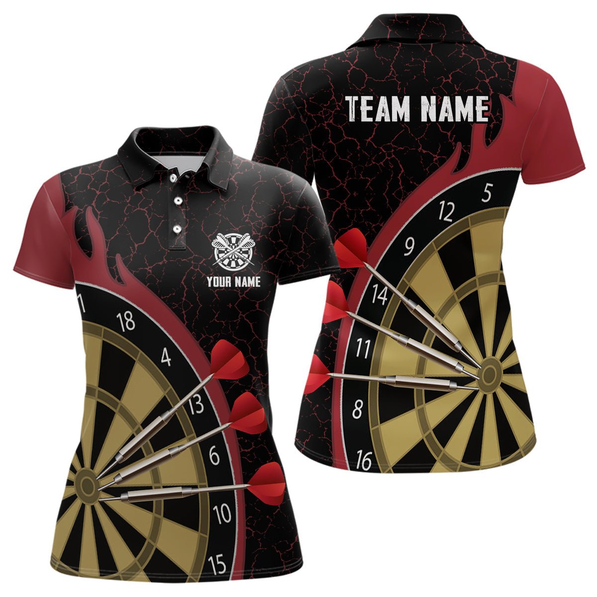 Personalisiertes Darts-Set Damen Polo-Shirt mit rotem Feuerflammen-Motiv, individuell anpassbares Dart-Trikot S803 - Outfitsuche