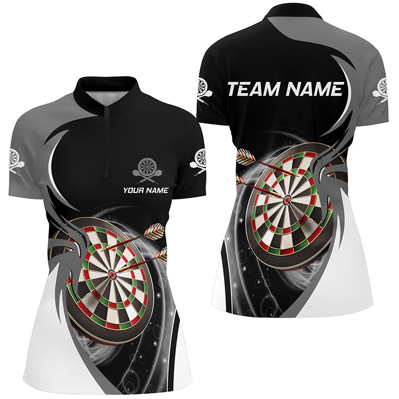 Personalisiertes grau-schwarzes Darts-Quarter-Zip-Shirt, individuell anpassbares Darts-Shirt für Frauen, Dart-Trikots - Outfitsuche