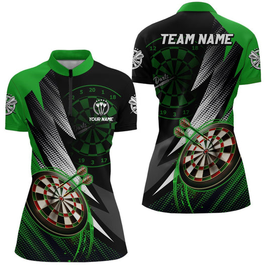 Personalisiertes grün-schwarzes Darts-Quarter-Zip-Shirt, individuell anpassbares cooles Darts-Trikot für Frauen L868 - Outfitsuche